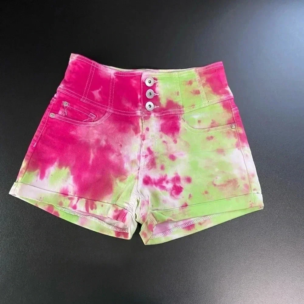 Upcycled Juniors Size 7  Tie Dye Shorts Pink Green Grunge Boho‎ Festival Skater
